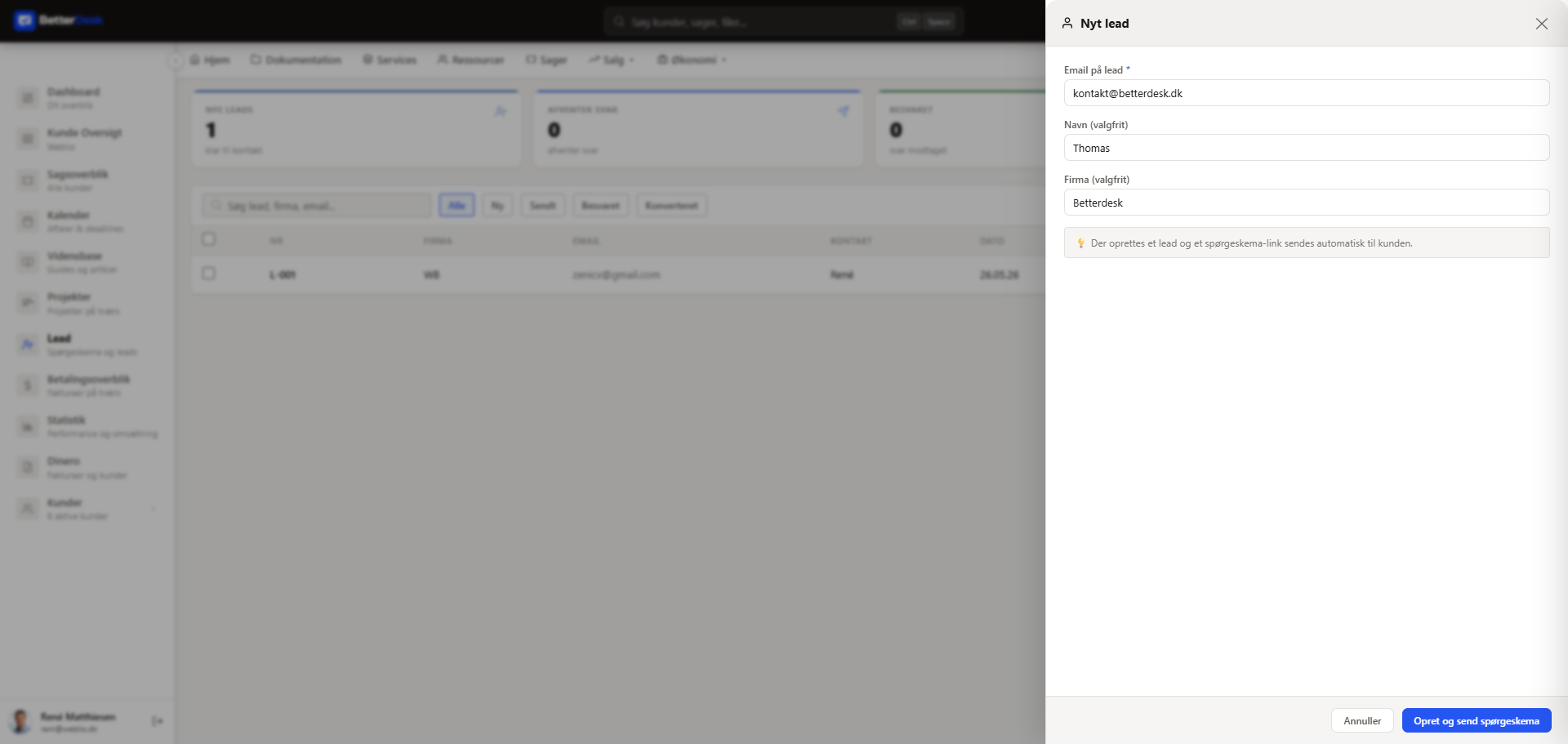 Oprettelse af nyt lead i BetterDesk med e-mail, navn og firma